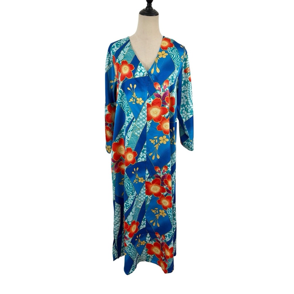 Natori Blue Mikoto Zip Front Kaftan Nightgown Dress  Sz S Floral Kimono Style‎